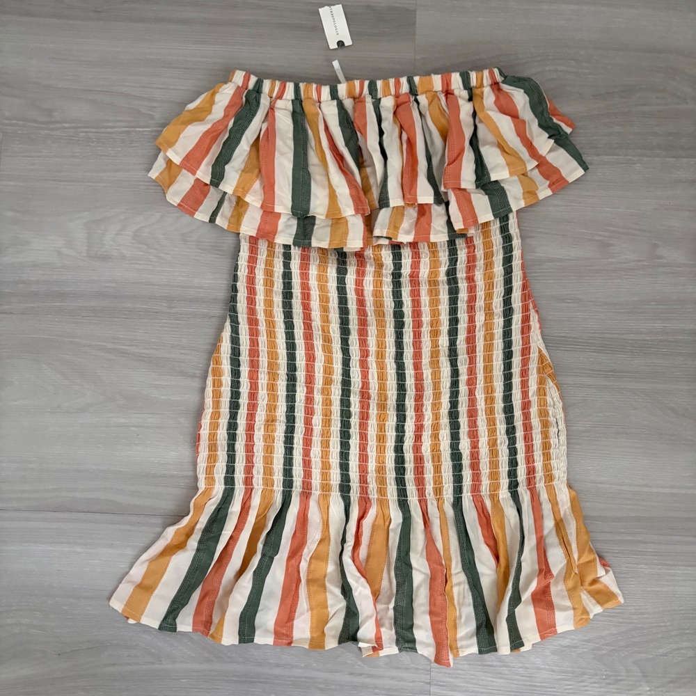 Anthropologie Dress Women Smocked Off The Shoulder Striped Ruffle Boho S NWT